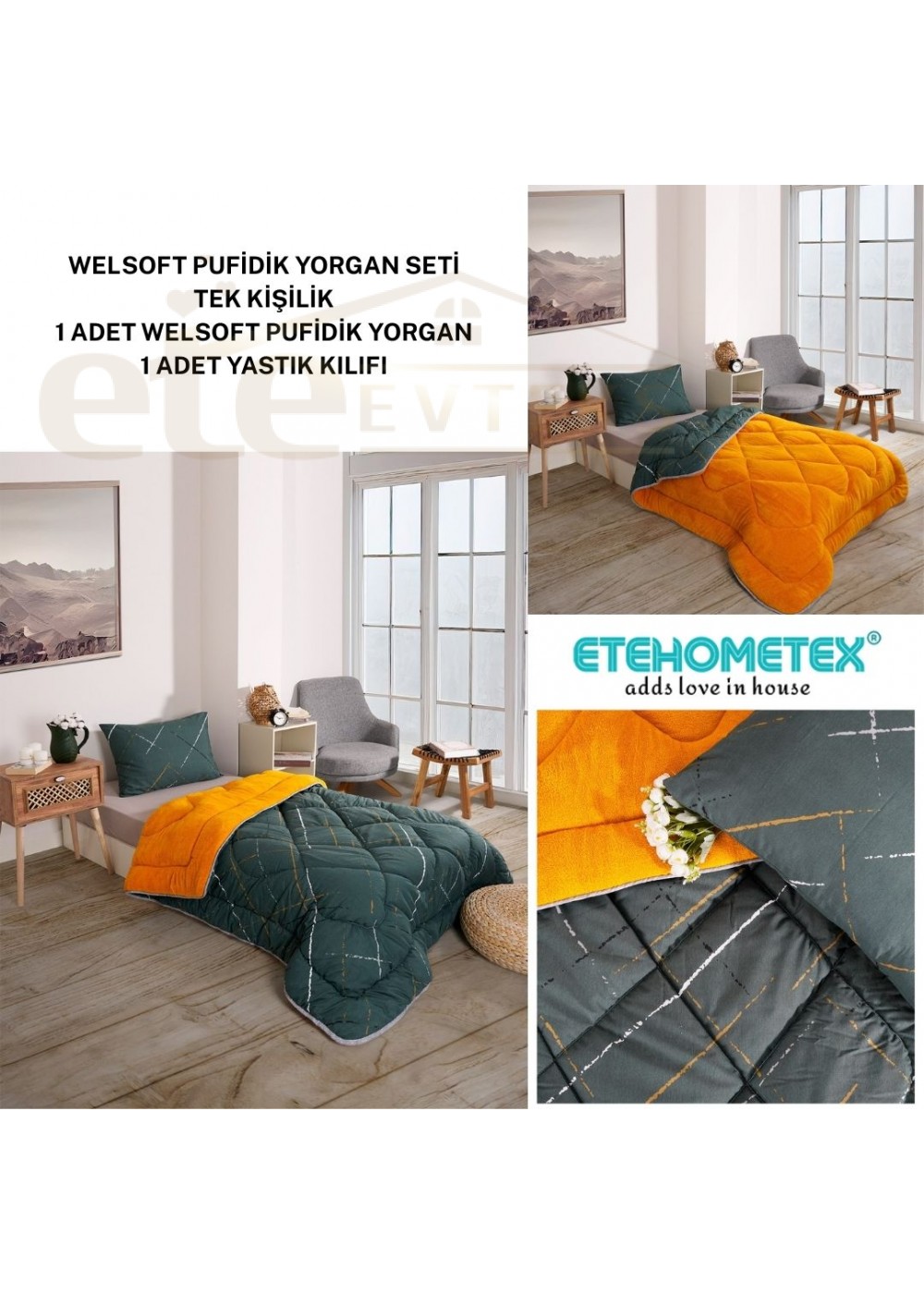 ETE HOMETEX TEK KİŞİLİK LÜX WELSOFT YORGAN SETİ YANSIMA HARDAL 155X215CM 8696474231957
